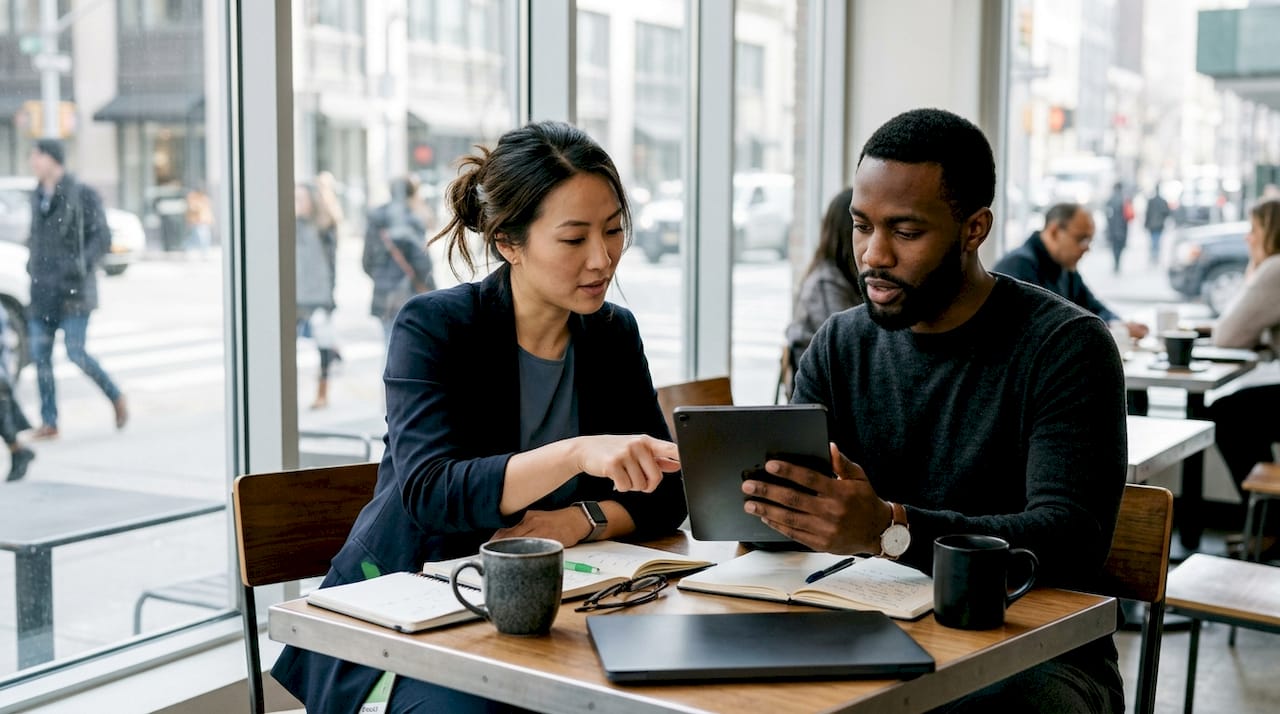 Professionals collaborating on AI business intelligence