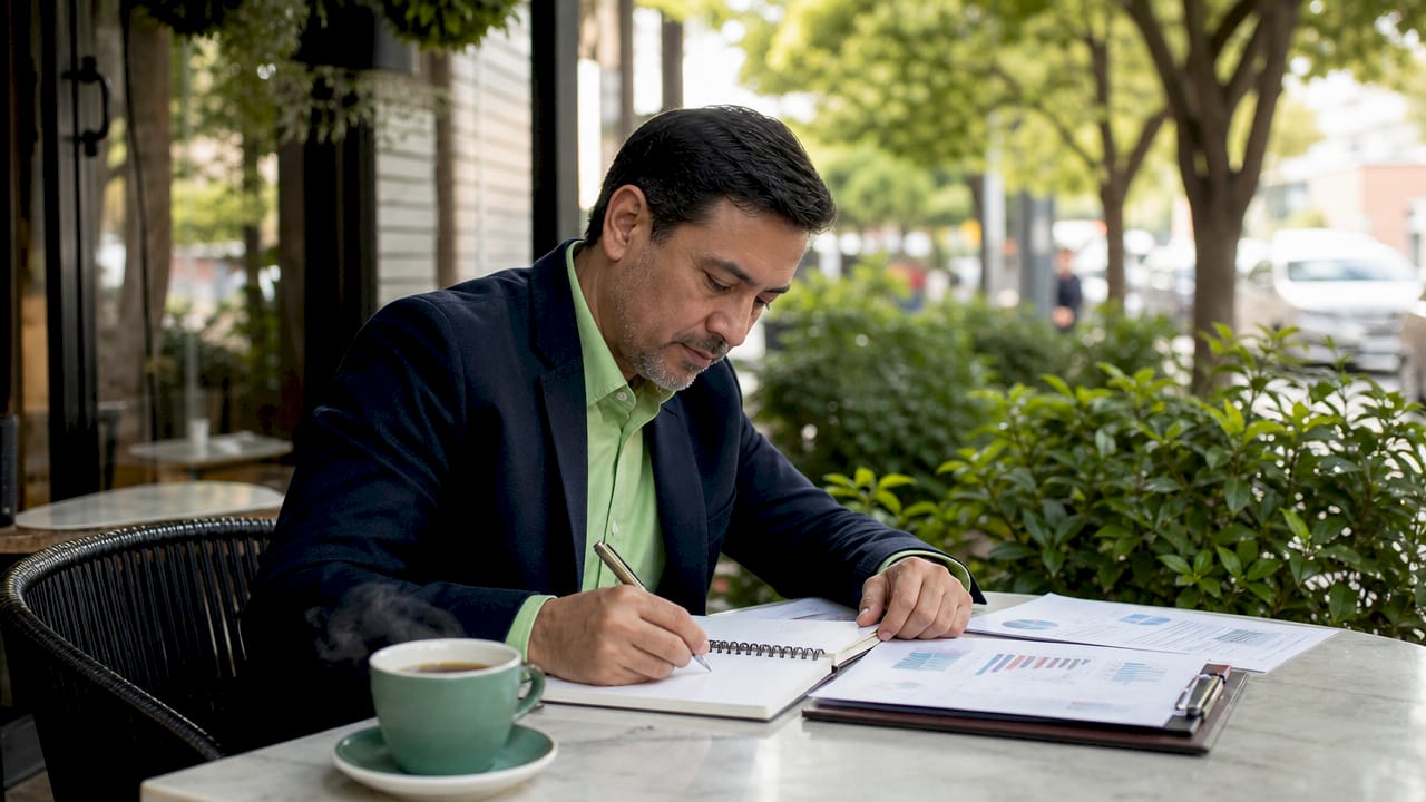 Analyst writing notes on revenue analysis charts
