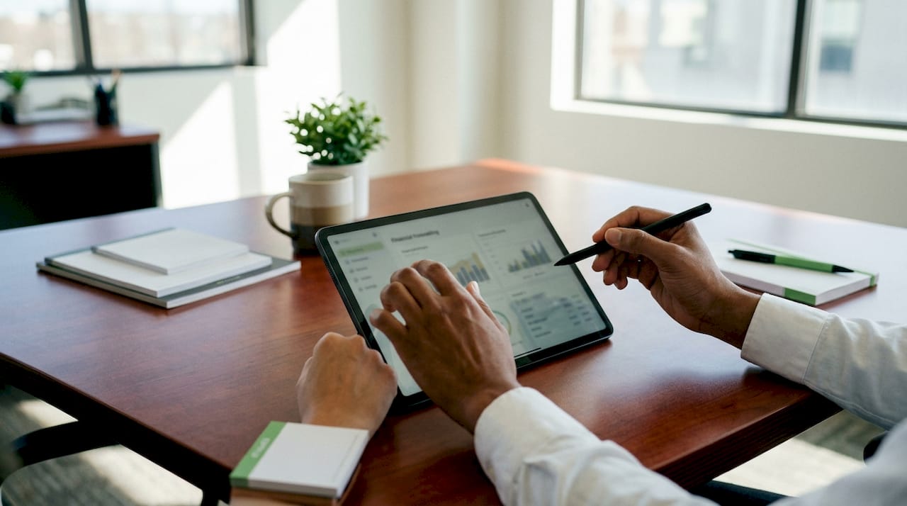 Close-up of hands using AI forecasting tablet