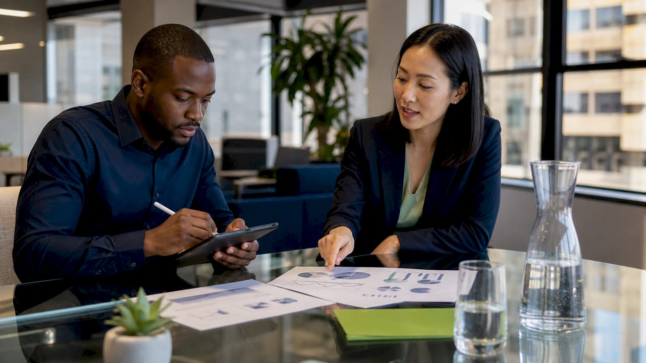 Colleagues collaborating on AI analytics