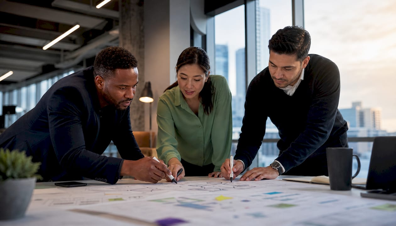 Executive team discussing AI scenario models