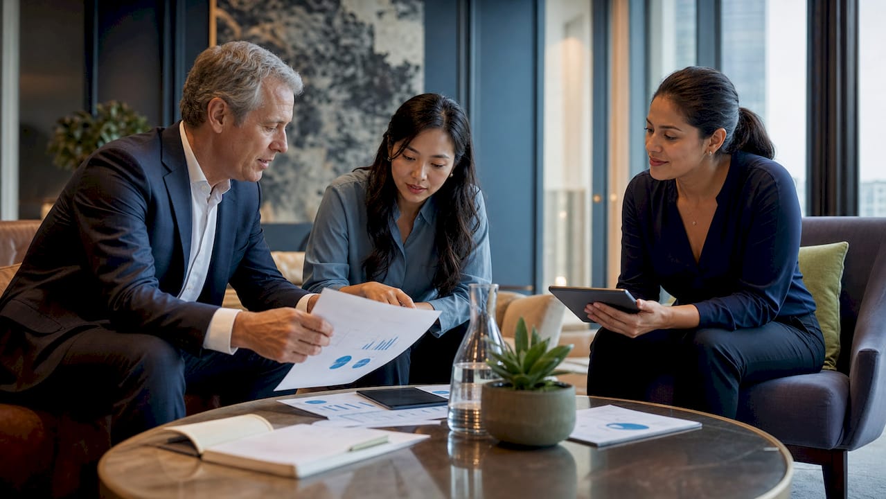 C-suite executives collaborating on AI analytics