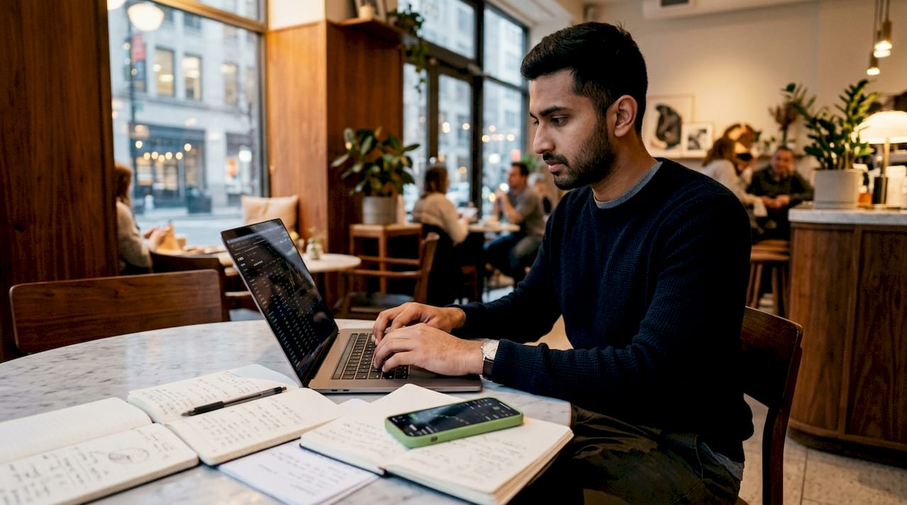 Young professional working on AI market analysis laptop