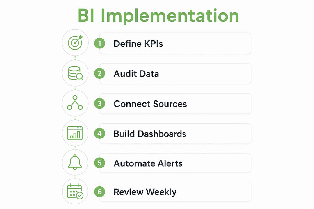 Infographic displaying steps to implement business intelligence