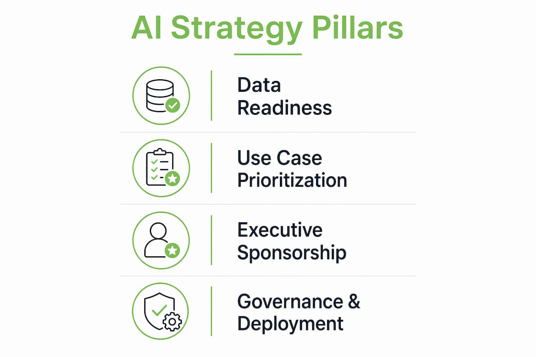 Infographic illustrating core components of enterprise AI strategy