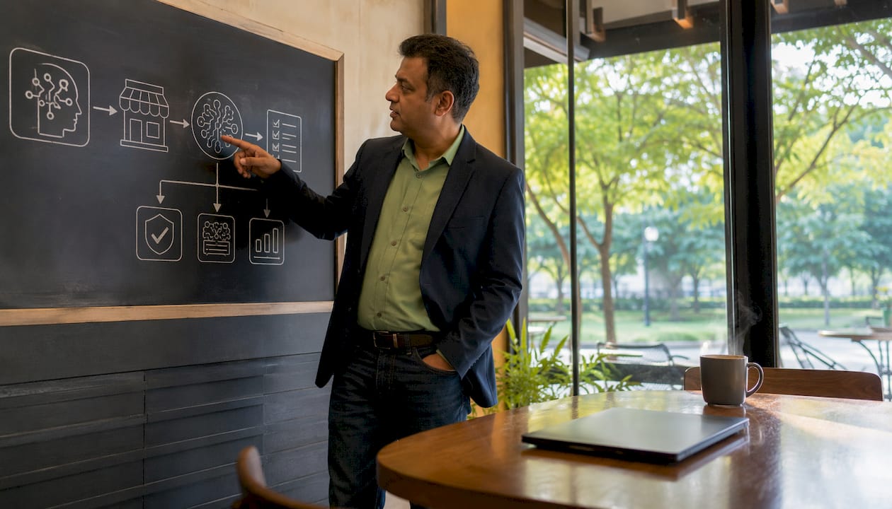 Businessman explaining AI loan processing diagram