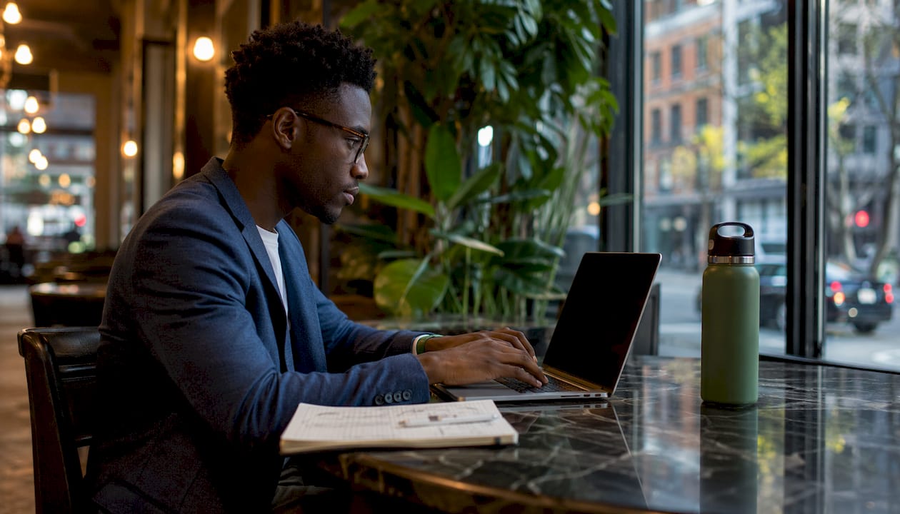 Data scientist working on laptop in modern space