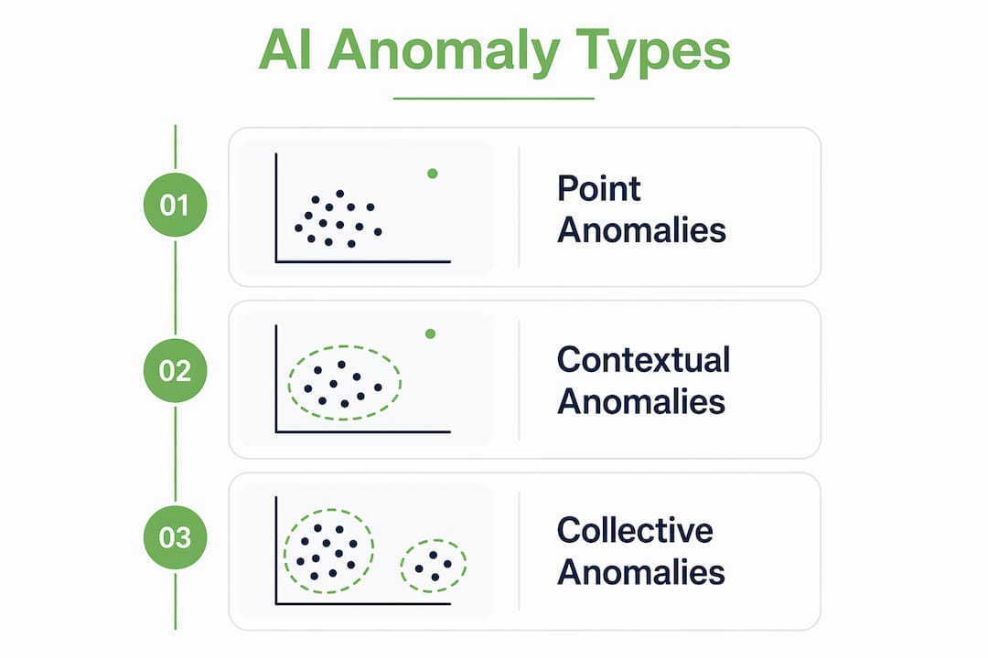 Infographic showing three types of financial anomalies detected by AI