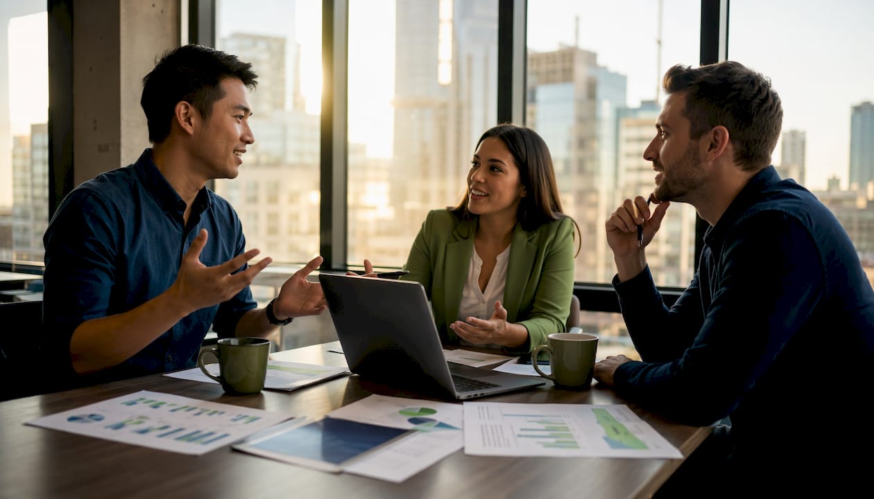 Sales team collaborating on revenue performance review
