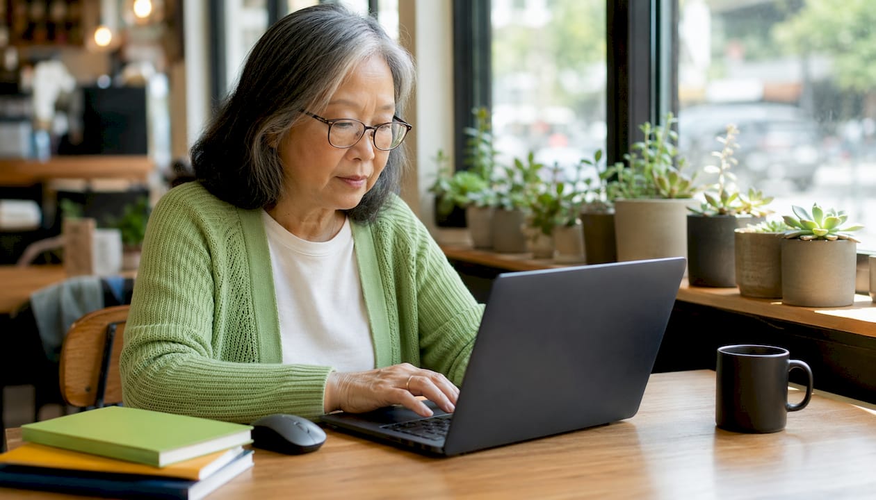 Senior woman setting IT tools in home office