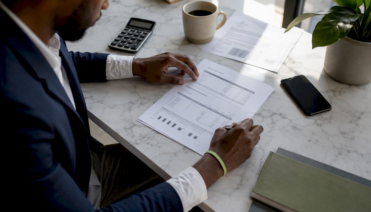 Hands calculating cash flow statement on desk