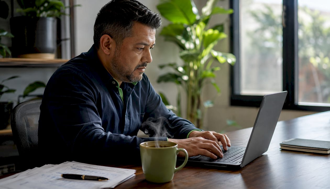 Hands typing on laptop with financial documents