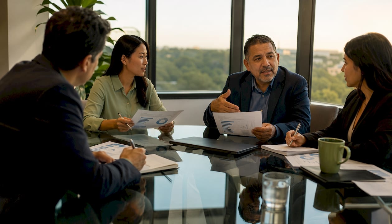 Business team discussing AI risk in conference room