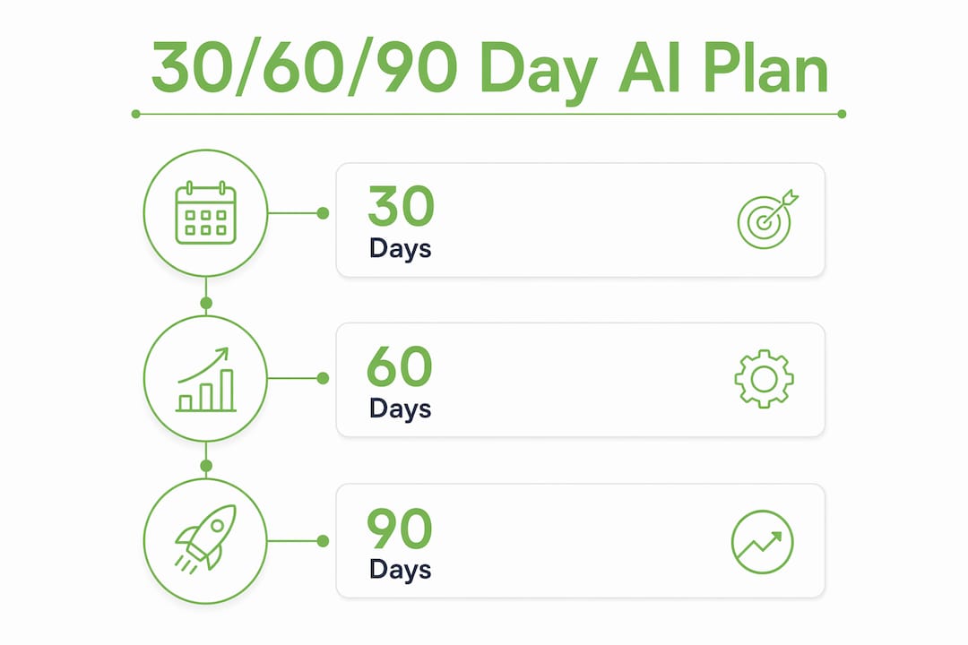 Infographic illustrating 30-60-90 day AI risk management plan