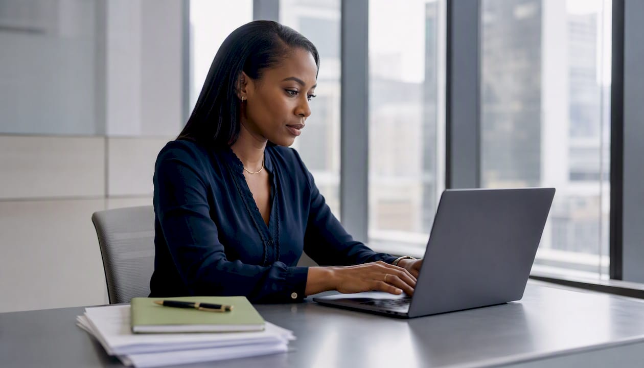Hands typing on laptop with financial documents