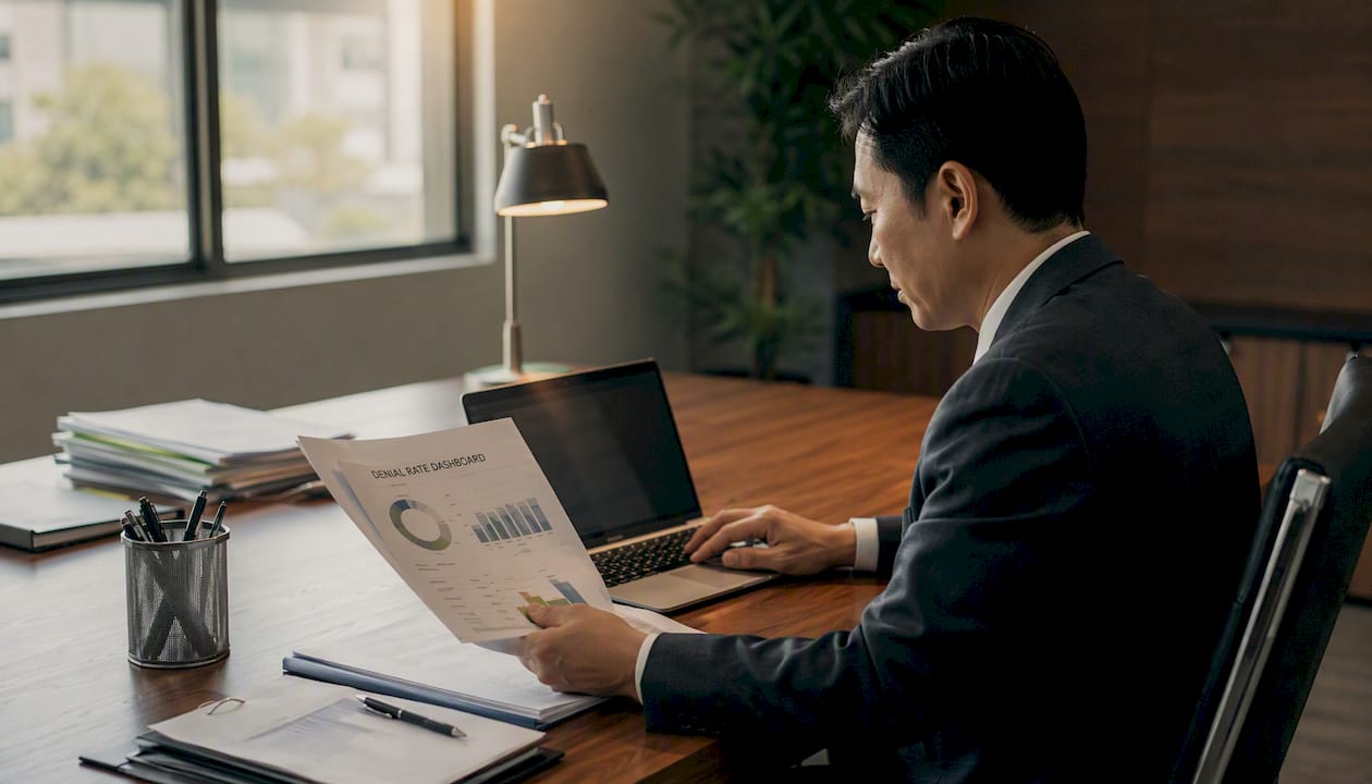 Hands typing with denial-rate dashboard papers nearby