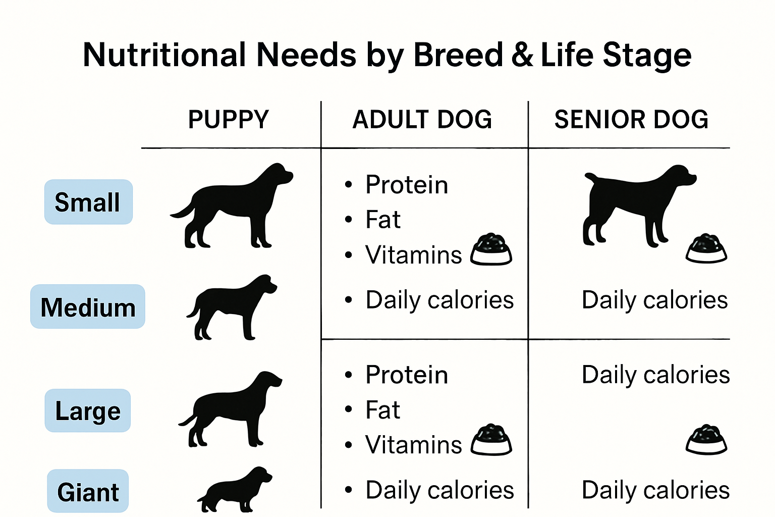 Infographic showing nutritional needs by dog breed and life stage