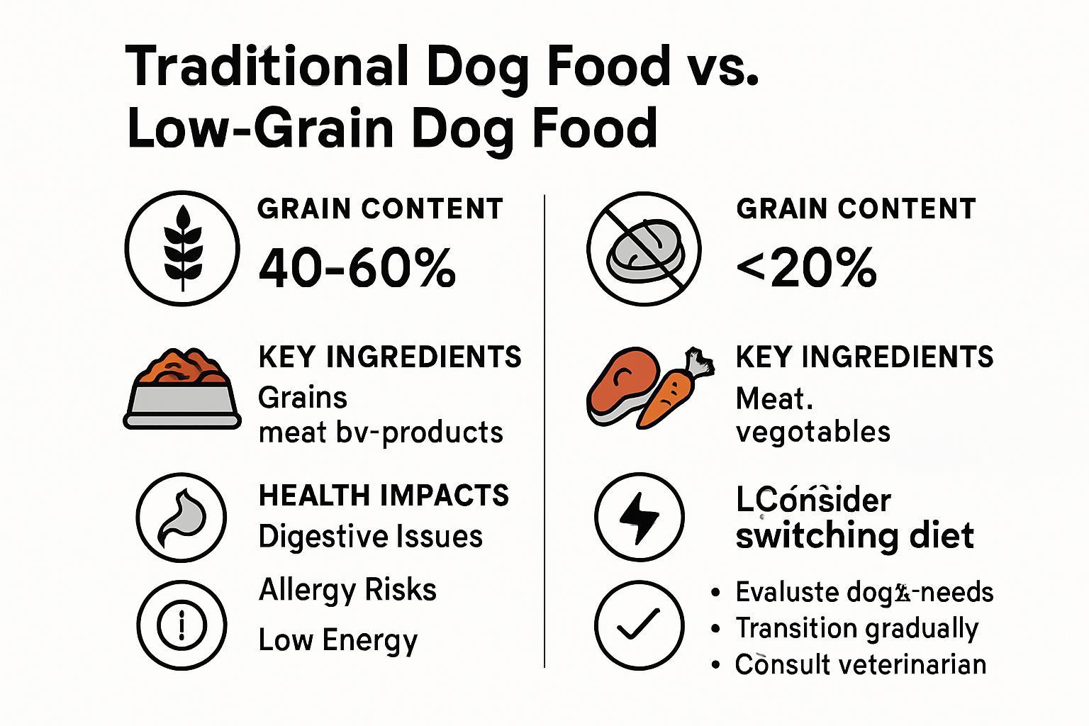 Comparison of benefits between low grain and traditional dog foods infographic