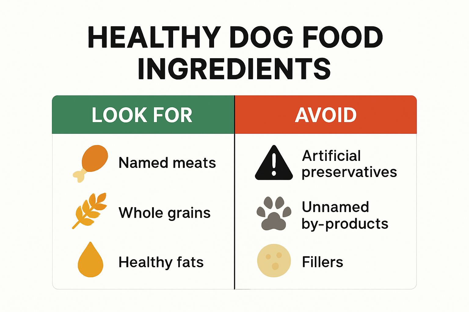 Infographic showing good vs harmful dog food ingredients
