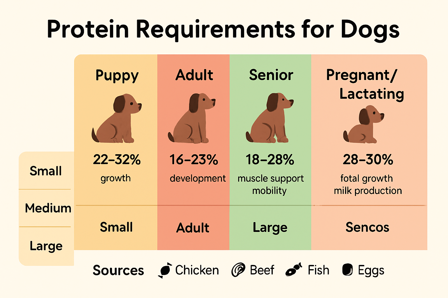 Protein needs by dog age and breed infographic showing amounts and sources