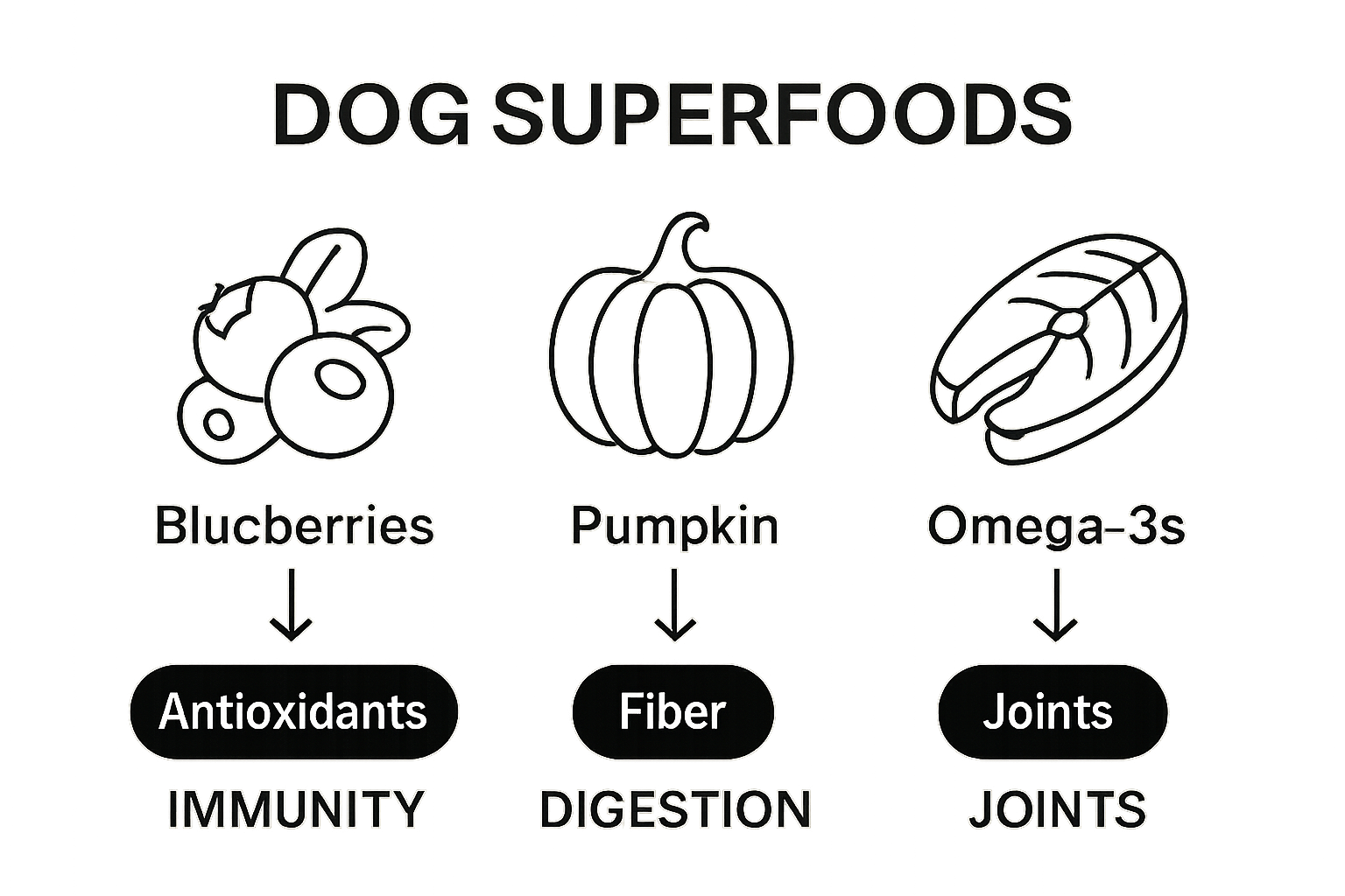 Side-by-side visual comparison of blueberries, pumpkin, and fish as dog superfoods with health benefits icons