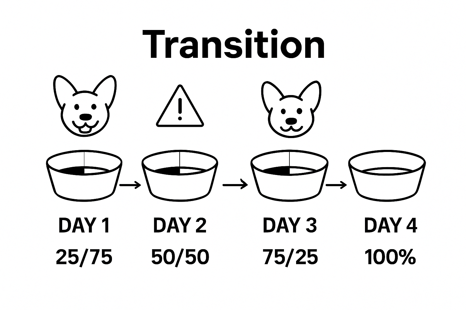Infographic showing gradual dog food transition timeline ratios