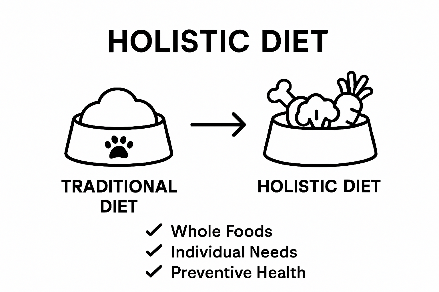 Side-by-side diagram comparing traditional and holistic dog diets with icons and key benefits