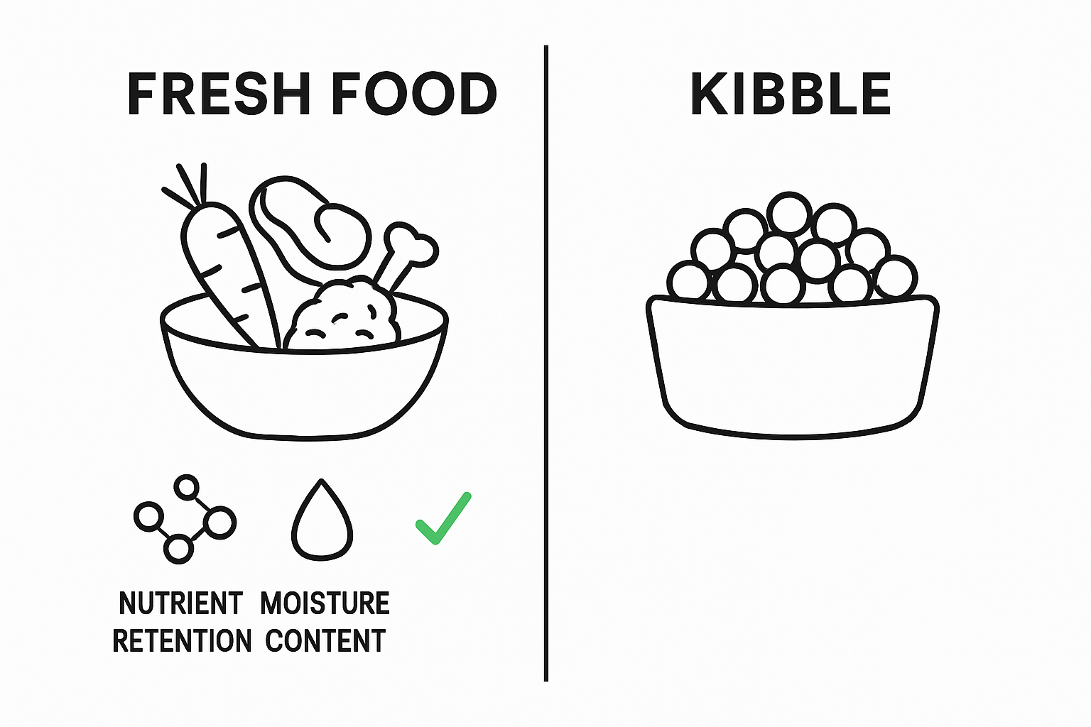 Side-by-side comparison of fresh dog food and kibble benefits