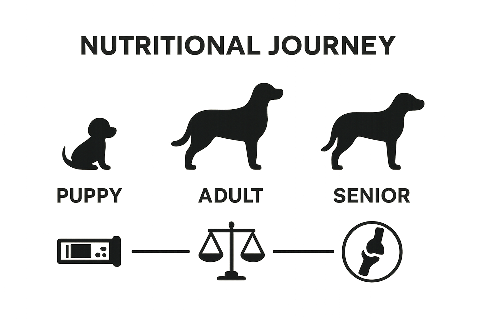 Life stage dog icons with nutrition needs for each age