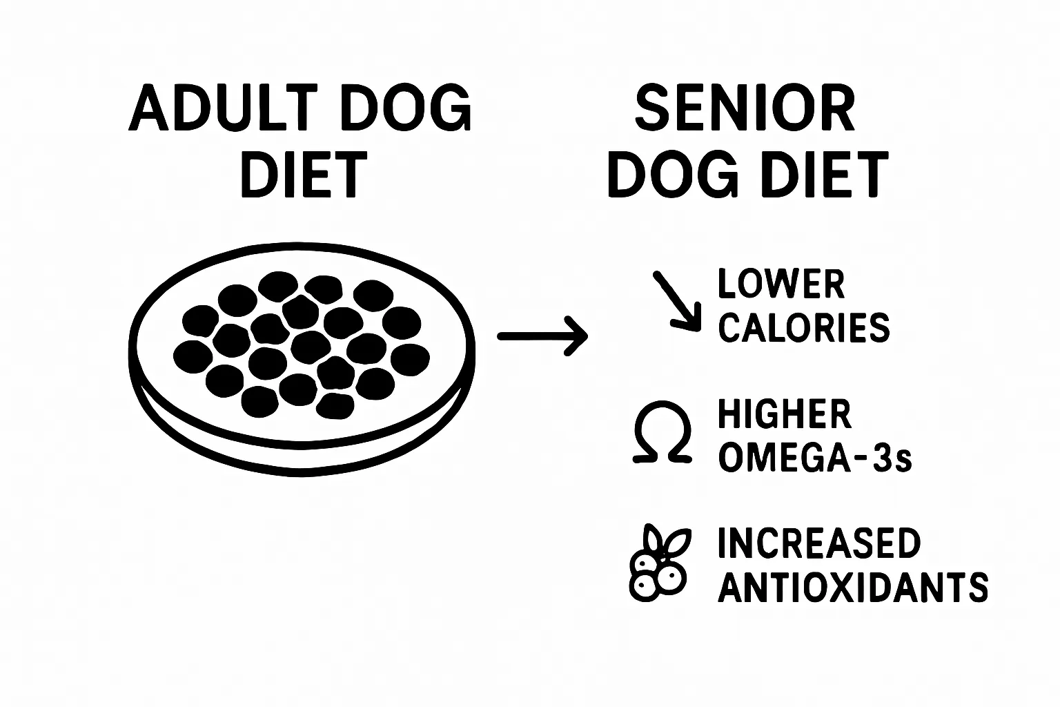 Infographic comparing adult and senior dog diets with key differences.