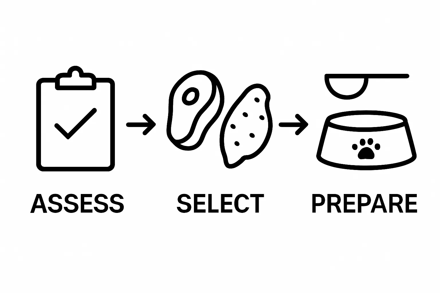 Three-step dog elimination diet workflow infographic with icons for assessment, ingredient selection, and meal preparation
