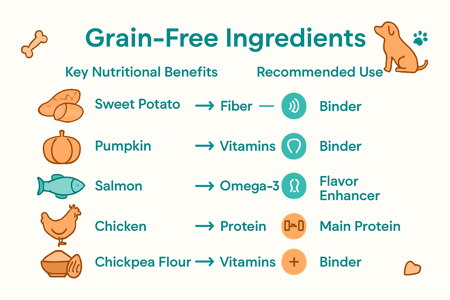 Infographic comparing nutritional value of grain-free dog treat ingredients.
