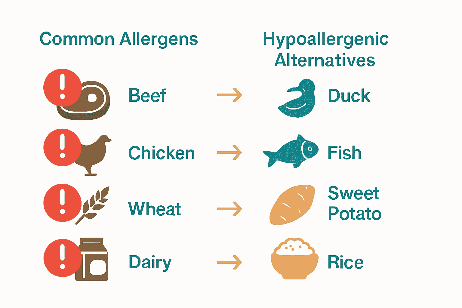 Infographic comparing common dog food allergens and hypoallergenic alternatives.