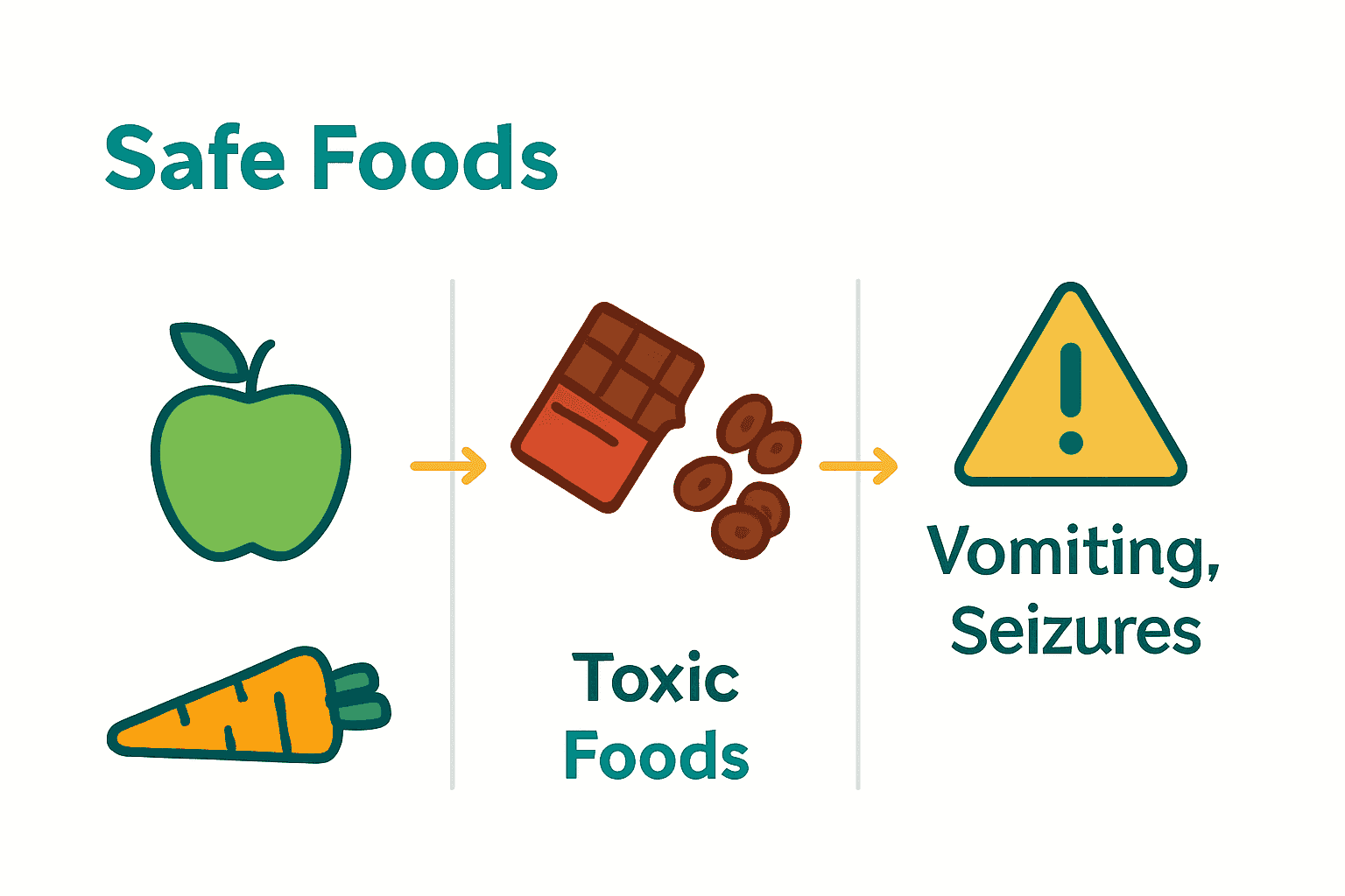 Infographic comparing safe and toxic foods for dogs with symptoms icons