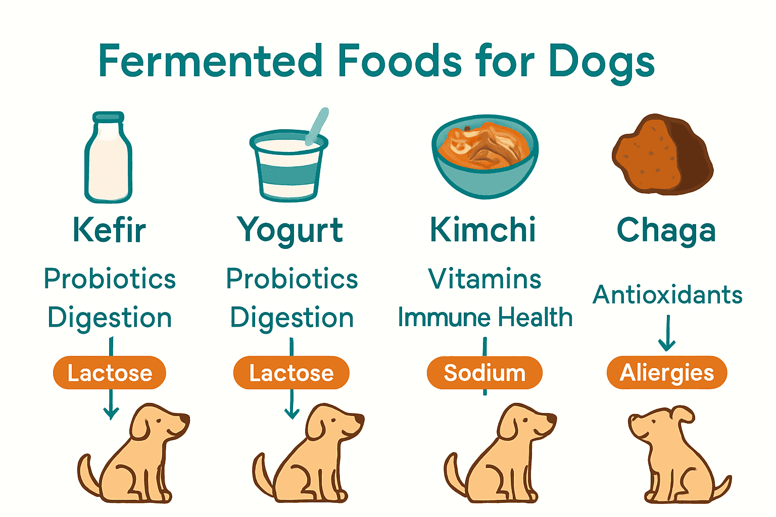 Comparison infographic of kefir, yogurt, kimchi, and chaga for dogs.