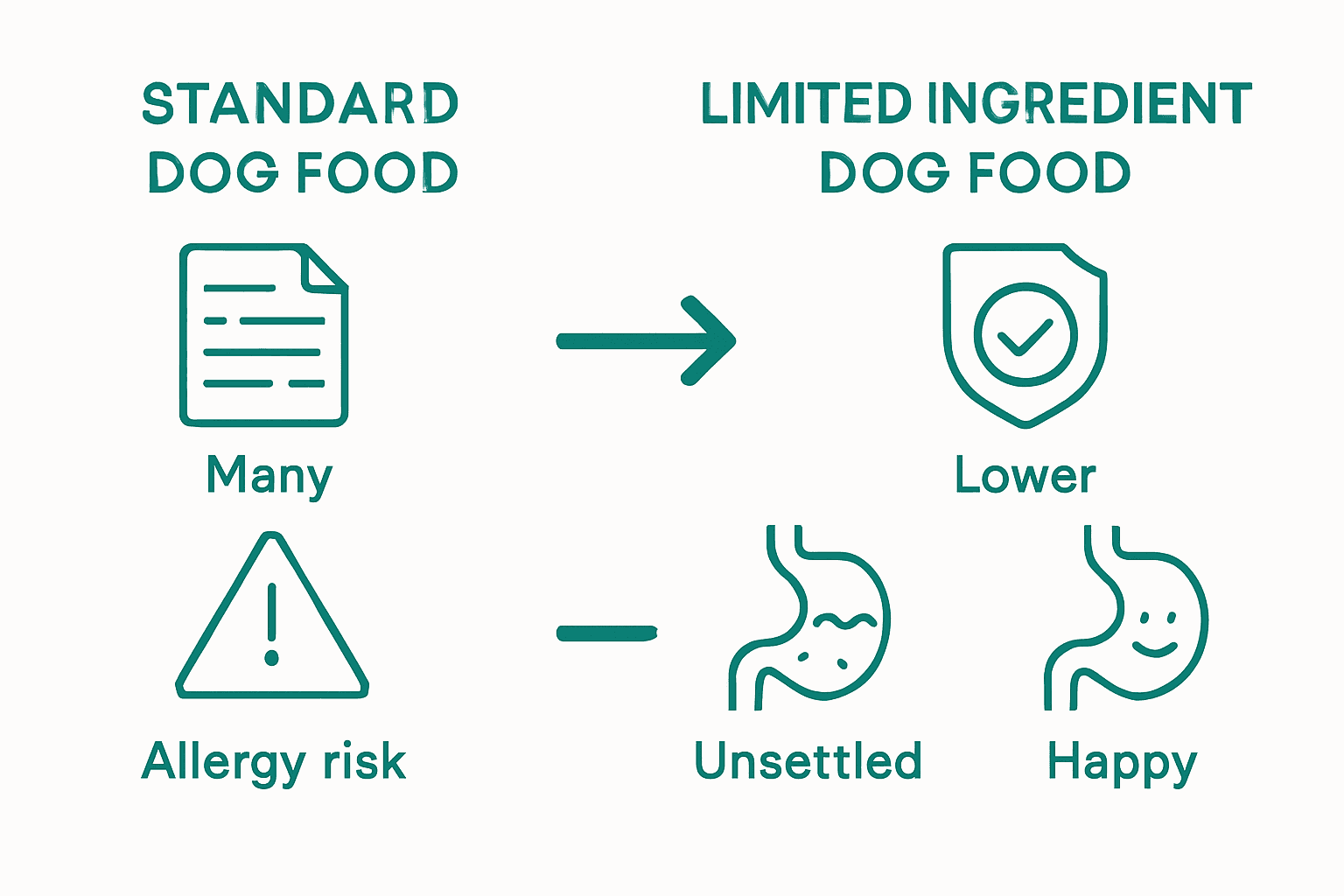 Infographic comparing standard and limited ingredient dog foods by ingredients, allergy risk, and digestive health.