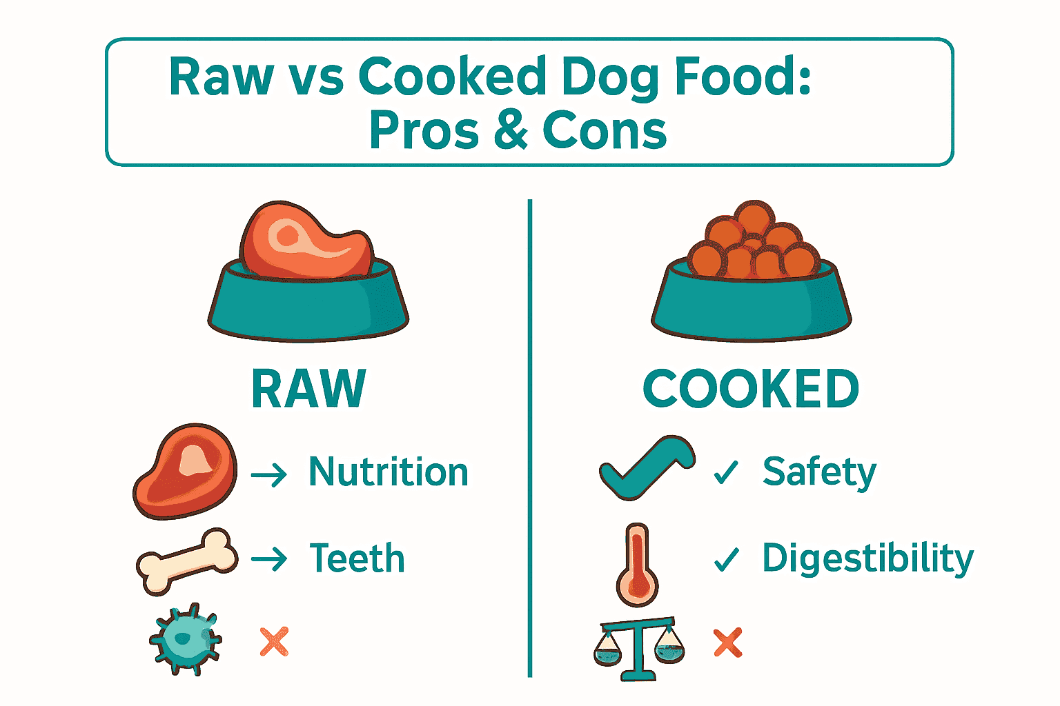 Infographic comparing raw and cooked dog food benefits and risks.