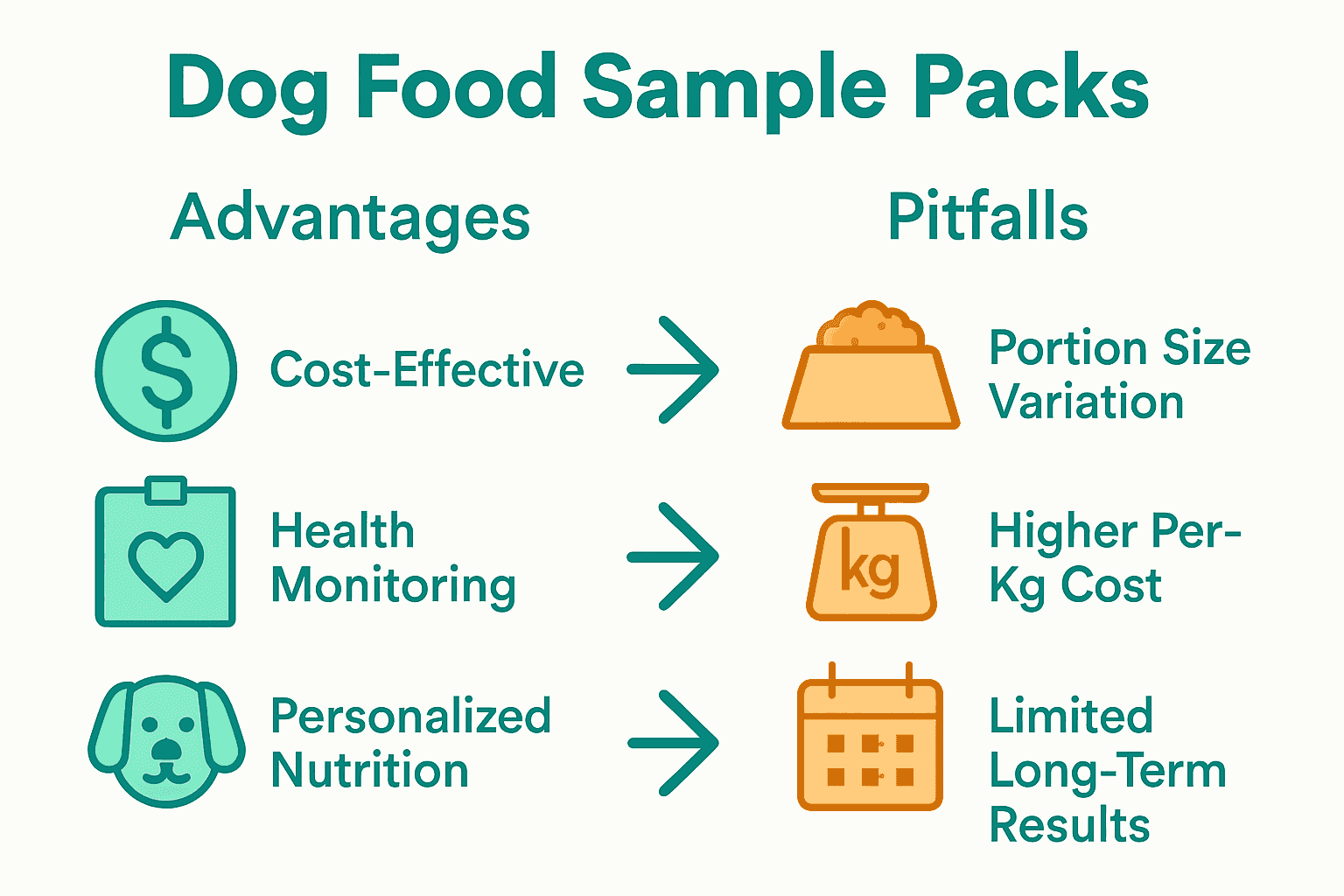 Comparison infographic of dog food sample pack pros and cons with icons and arrows.