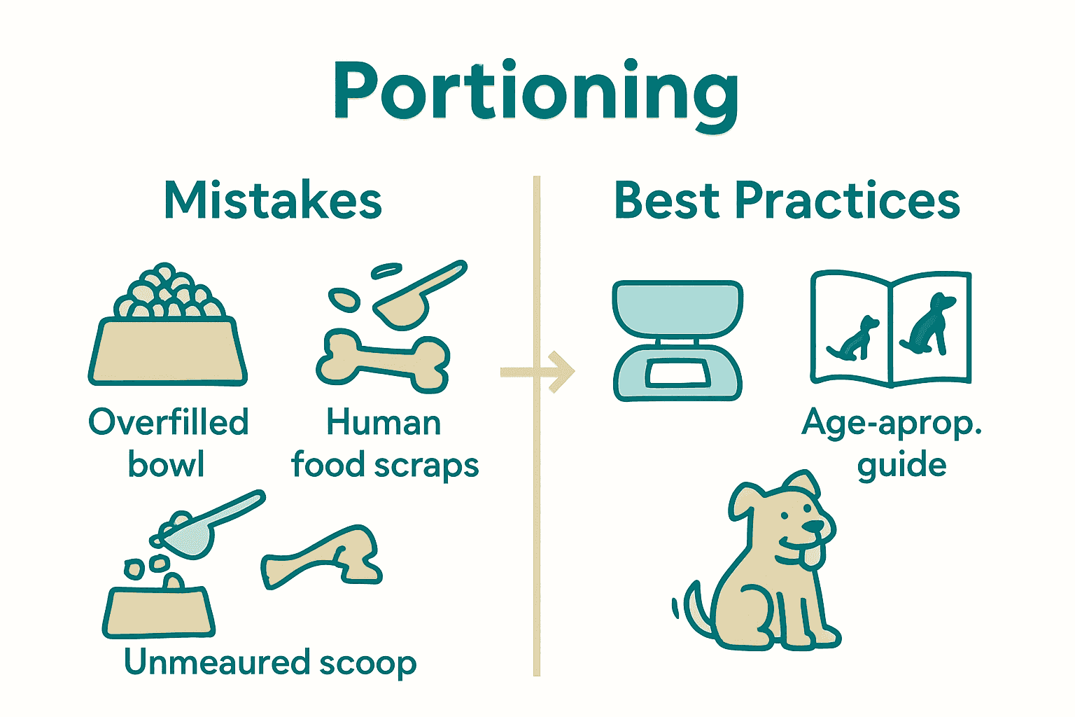 Infographic contrasting incorrect and correct dog feeding practices