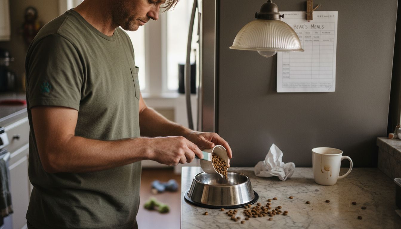 Portioning dog food with measuring cup at home