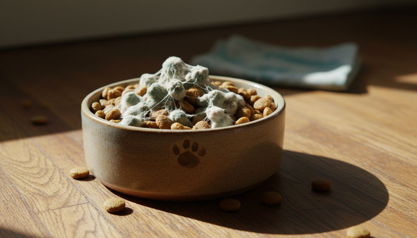 Dog bowl with visibly spoiled moldy kibble