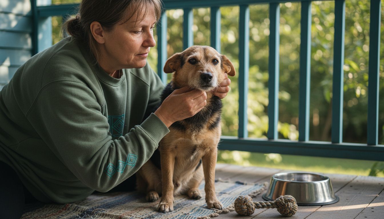 Woman checking dog’s ears and teeth on porch