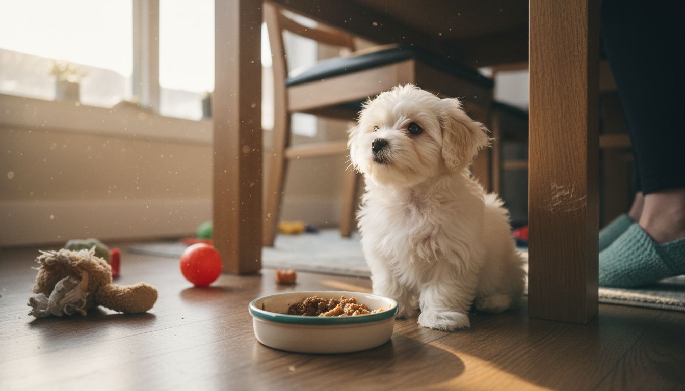 Maltese puppy by food dish under table