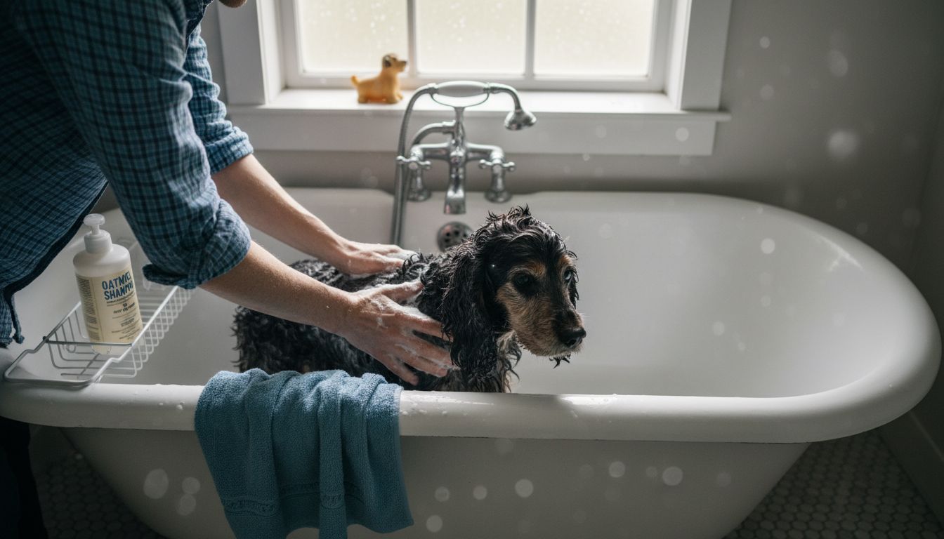 Dog being bathed with natural shampoo