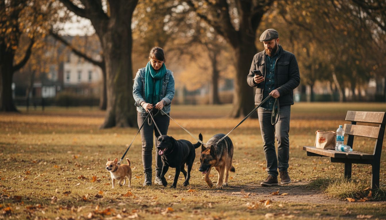 Multiple dog breeds on leashes outdoors