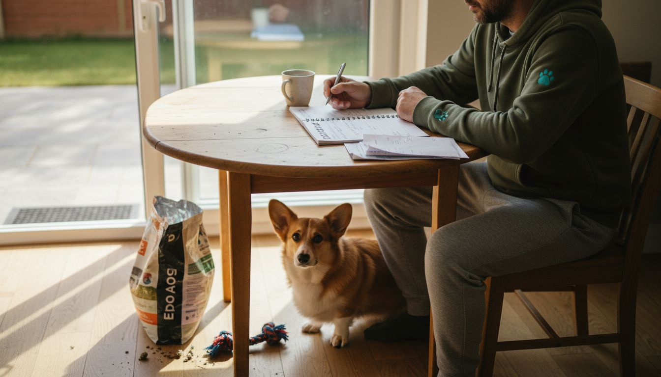 Owner writing in dog food diary notebook
