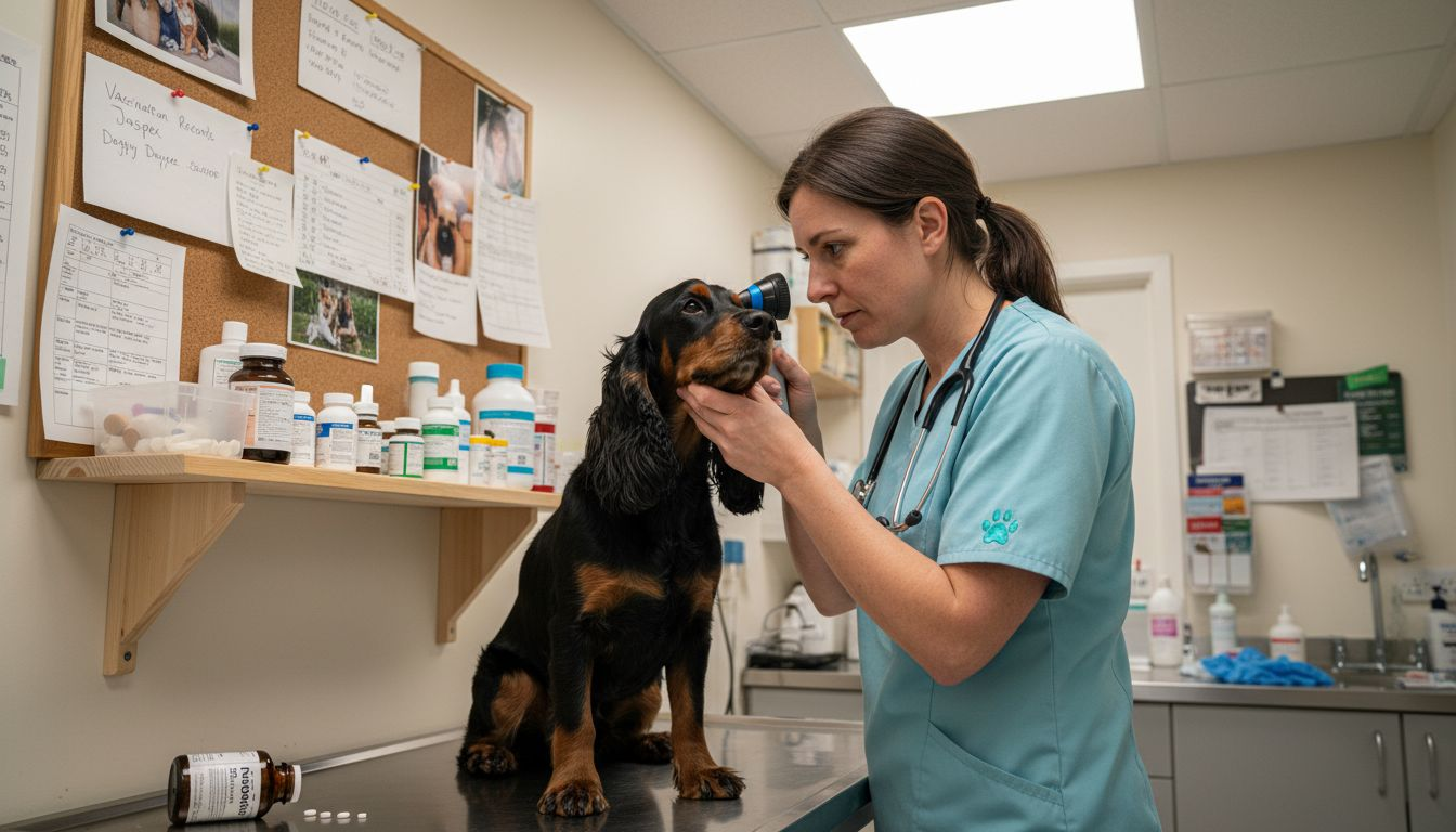Vet examining Cocker Spaniel in clinic