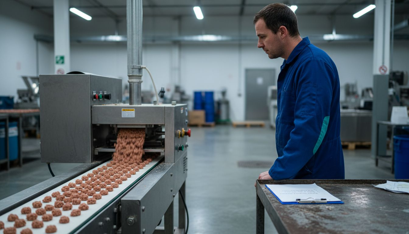 Technician monitoring cold press dog food line