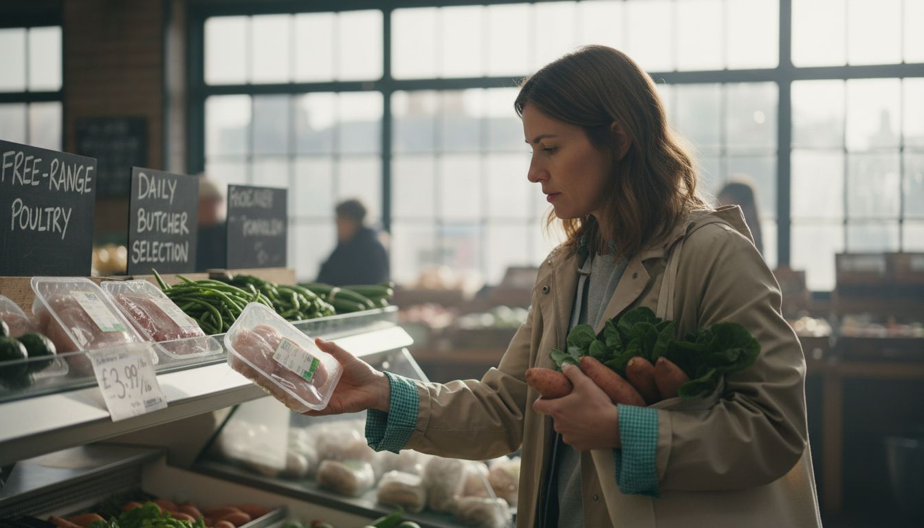 Woman selecting grain-free dog food ingredients at market