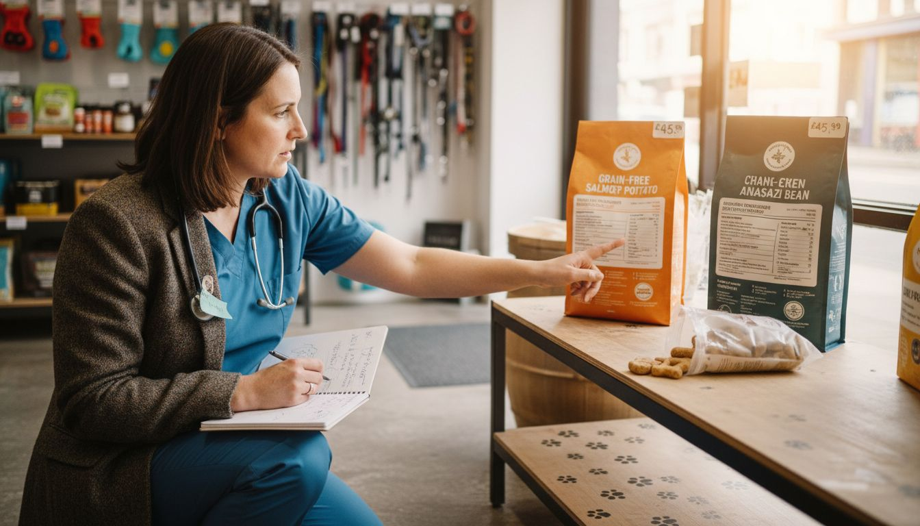 Choosing grain-free dog food formulas in store